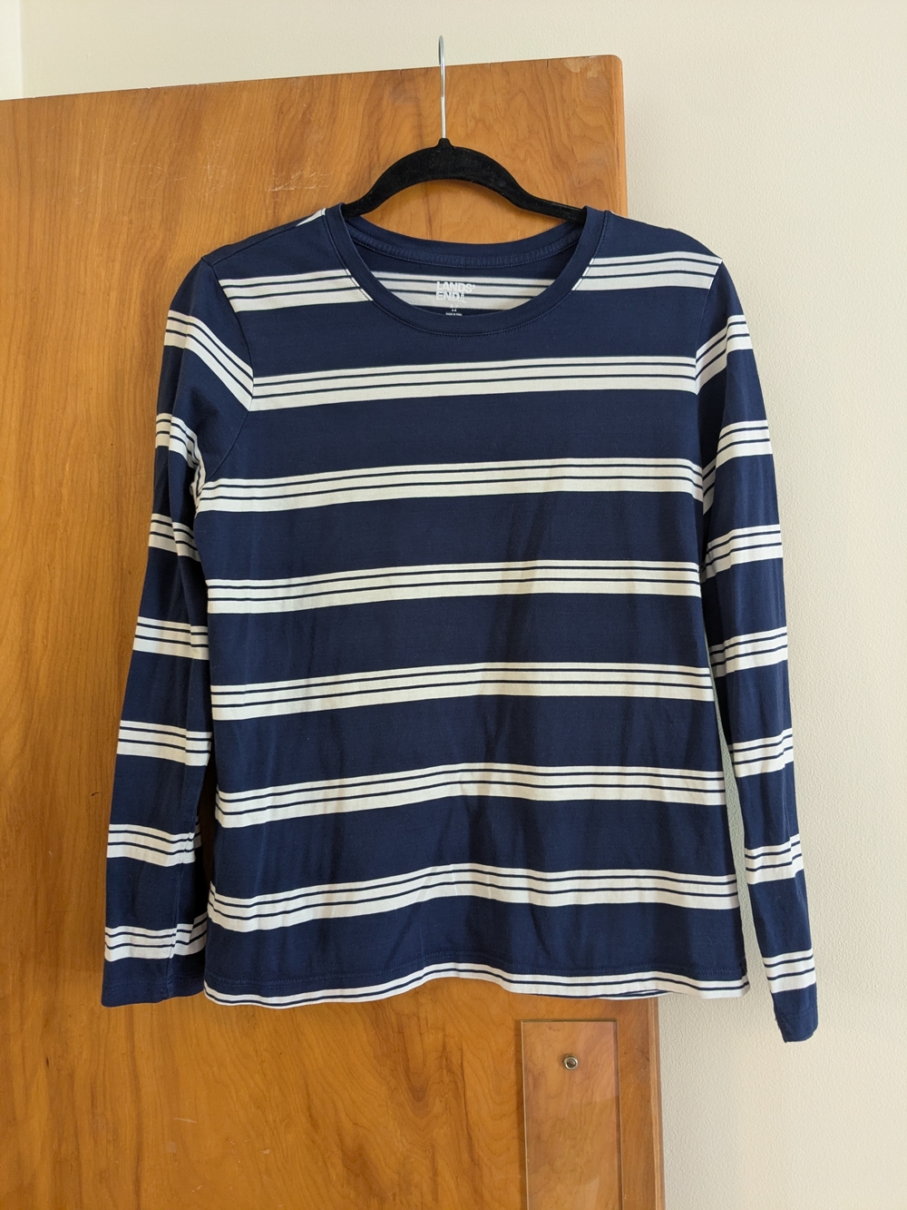 Lands' End Navy and White Striped Long Sleeve Tee